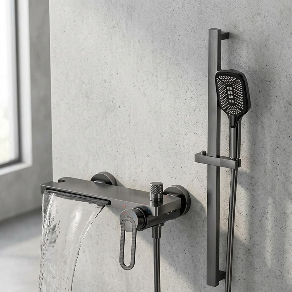 Lagomel waterfall single-handle wall-mount tub filler, set in a Modern/Minimalist bathroom