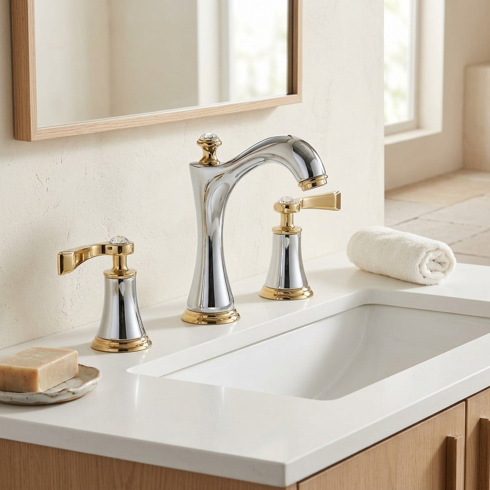Lagomel double-handle widespread bathroom faucet in two-tone / mixed finish, chrome, matte black, matte white, set in a Vintage/Retro/Traditional/Classic bathroom
