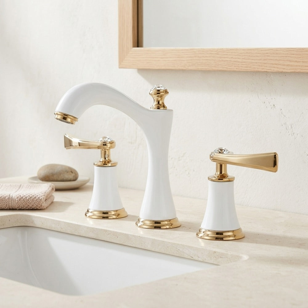 Lagomel double-handle widespread bathroom faucet, set in a Vintage/Retro/Traditional/Classic bathroom