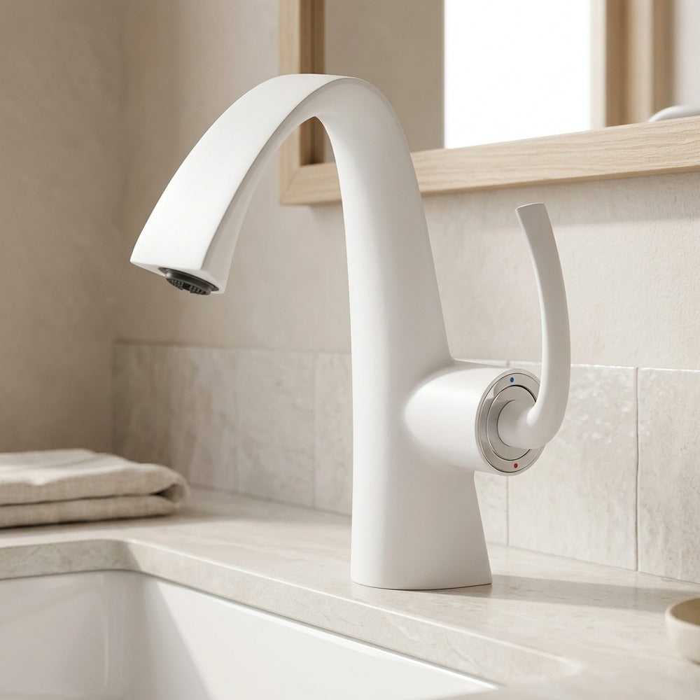 Lagomel single-hole bathroom faucet in matte white, chrome, polished gold, matte black, brushed gold, rose gold,, set in a Modern/Contemporary bathroom