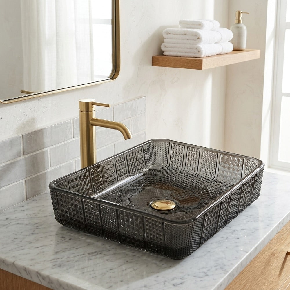 Lagomel single-handle faucet and sink set in two-tone / mixed finish, set in a Contemporary bathroom