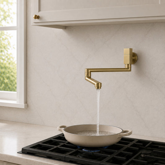 Lagomel wall-mounted single-handle pot filler in matte black, brushed gold, brushed nickel, gunmetal, set in a Modern/Contemporary bathroom
