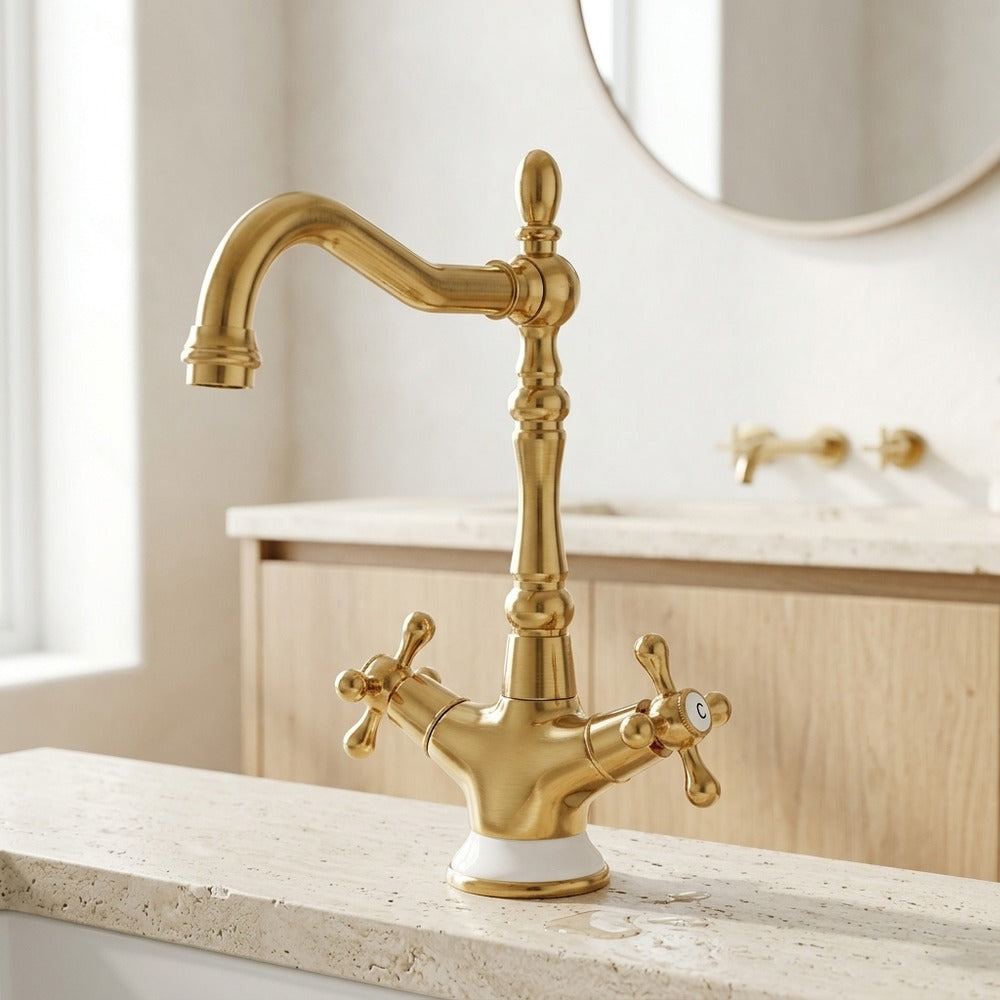 Lagomel single-hole bathroom faucet in polished gold, chrome, set in a Traditional/Classic bathroom