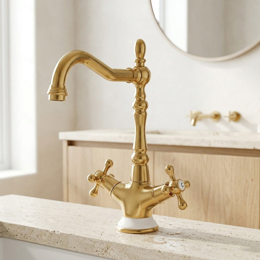 Lagomel single-hole bathroom faucet in polished gold, chrome, set in a Traditional/Classic bathroom