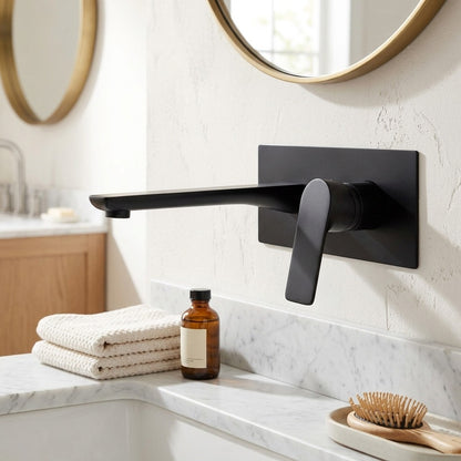 Lagomel single-handle wall-mount bathroom faucet in matte black, brushed gold, gunmetal, set in a Modern/Contemporary bathroom