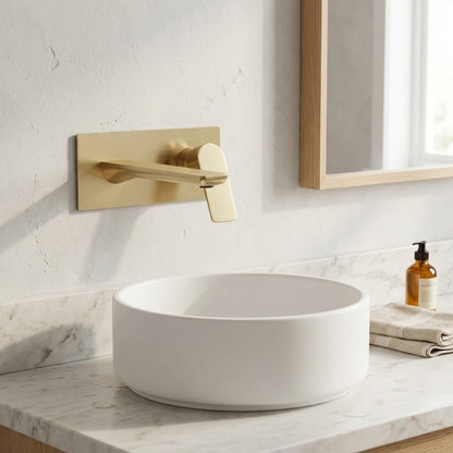 Lagomel single-handle wall-mount bathroom faucet, set in a Modern/Contemporary bathroom