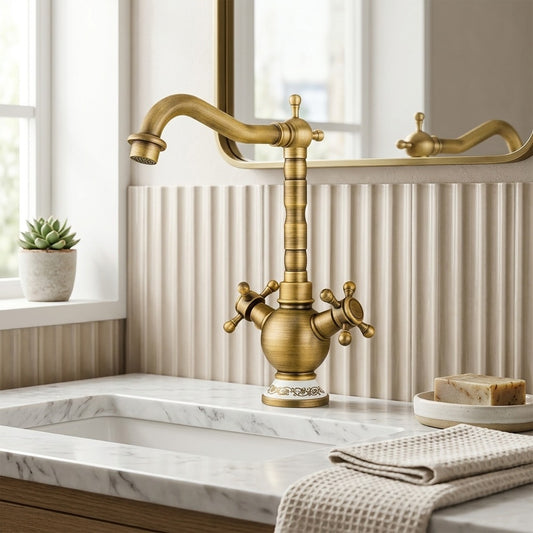 Lagomel single-hole bathroom faucet in antique brass, polished gold, set in a Vintage/Retro/Traditional/Classic bathroom