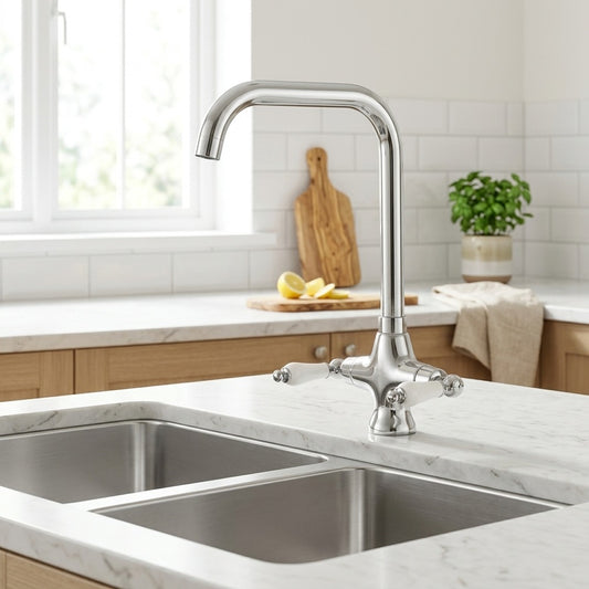 Lagomel single-hole two-handle kitchen faucet in chrome, polished gold, set in a Traditional/Classic/Vintage/Retro kitchen