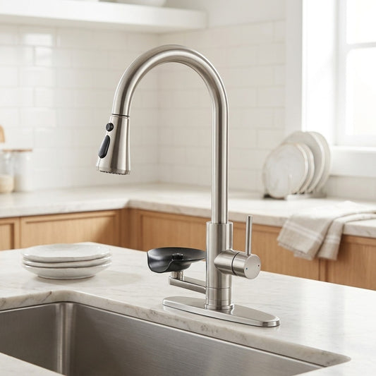 Lagomel single-handle pull-down kitchen faucet in brushed nickel, chrome, brushed gold, gunmetal, set in a Modern/Contemporary kitchen