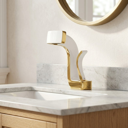 Lagomel waterfall single-hole bathroom faucet in matte black, chrome, brushed nickel, two-tone / mixed finish, set in a Modern/Contemporary bathroom