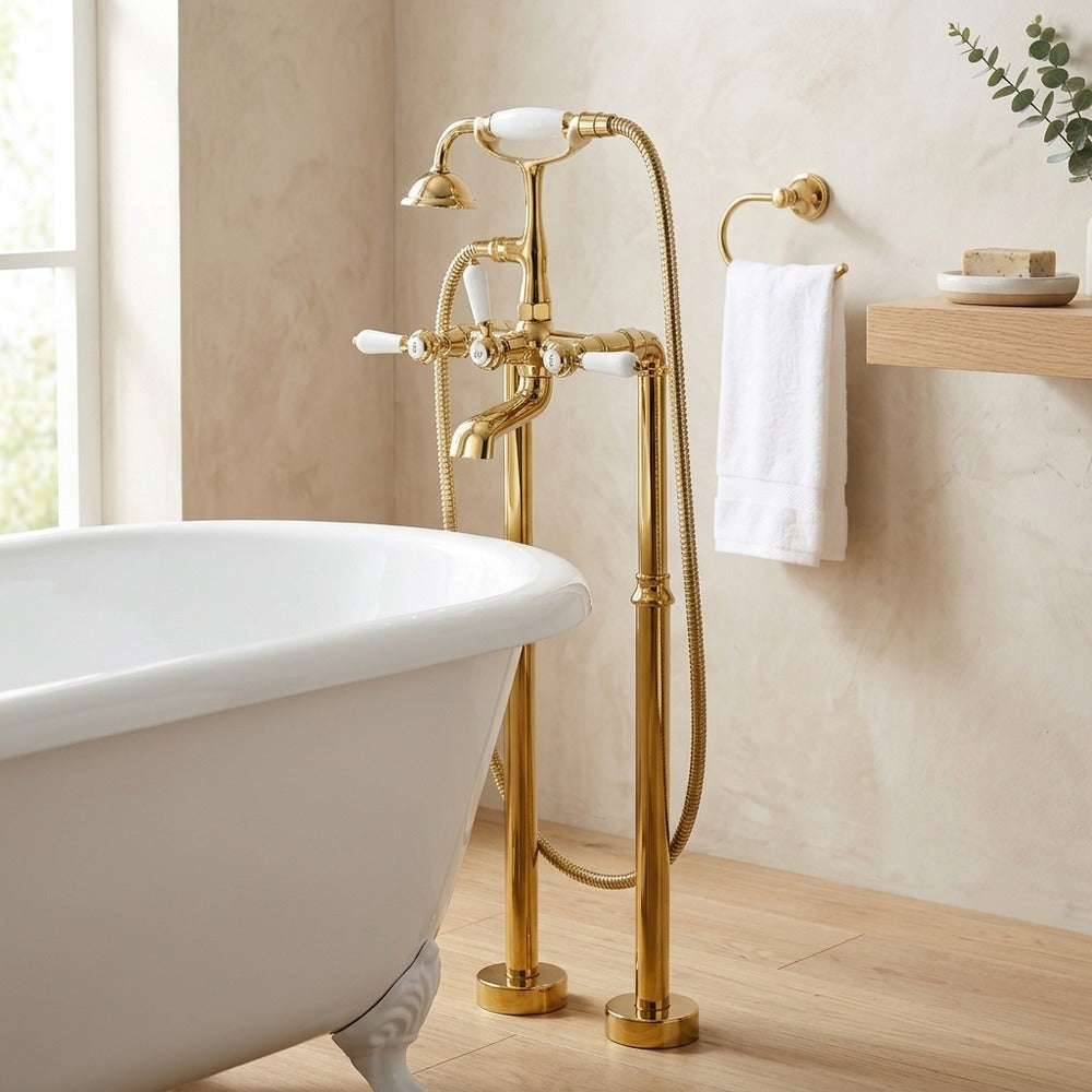 Lagomel freestanding tub filler in polished gold, set in a Vintage/Retro/Traditional/Classic bathroom