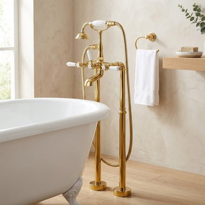 Lagomel freestanding tub filler in polished gold, set in a Vintage/Retro/Traditional/Classic bathroom