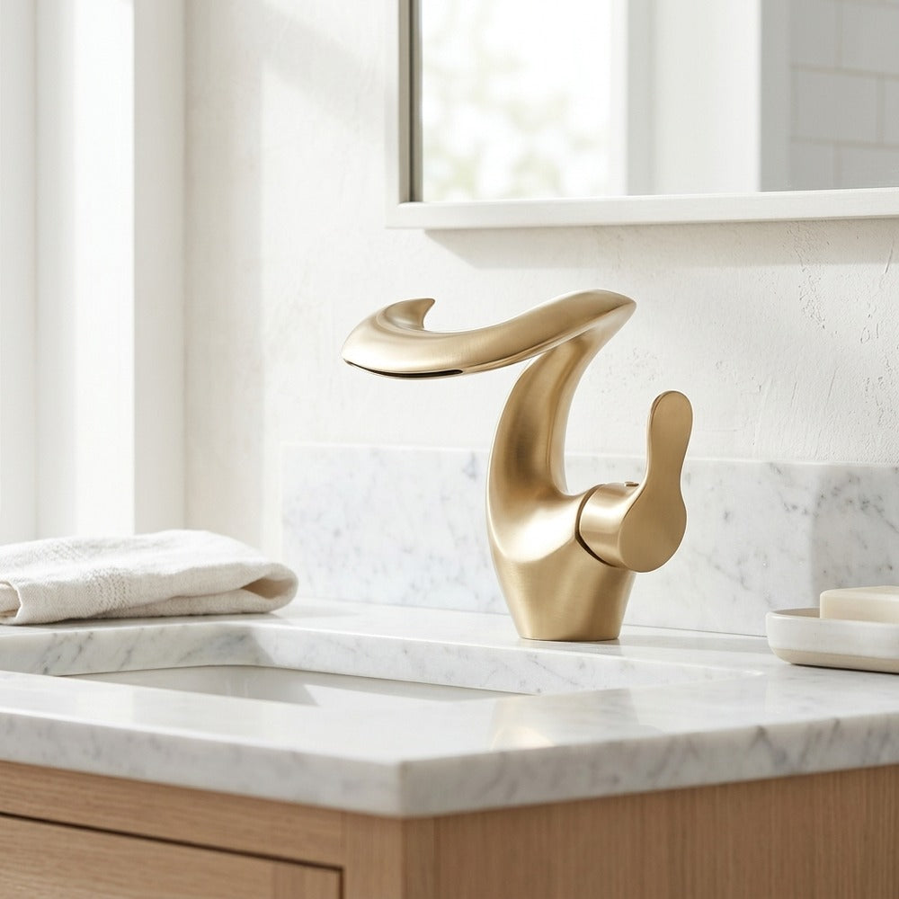 Lagomel waterfall single-hole bathroom faucet in brushed gold, chrome, matte white, matte black, set in a Modern/Contemporary bathroom
