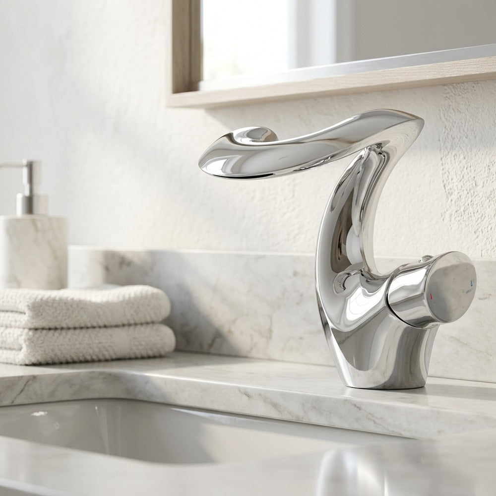 Lagomel waterfall single-hole bathroom faucet, set in a Modern/Minimalist bathroom