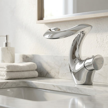 Lagomel waterfall single-hole bathroom faucet, set in a Modern/Minimalist bathroom