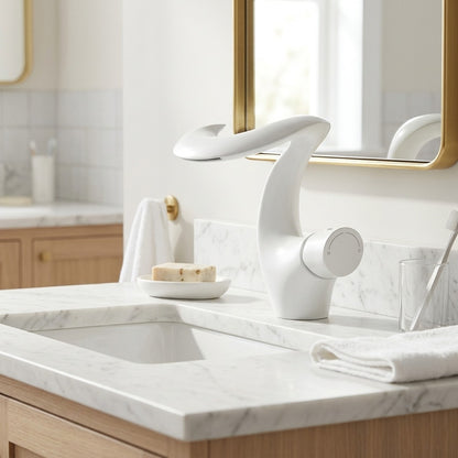 Lagomel waterfall single-hole bathroom faucet, set in a Modern/Minimalist bathroom