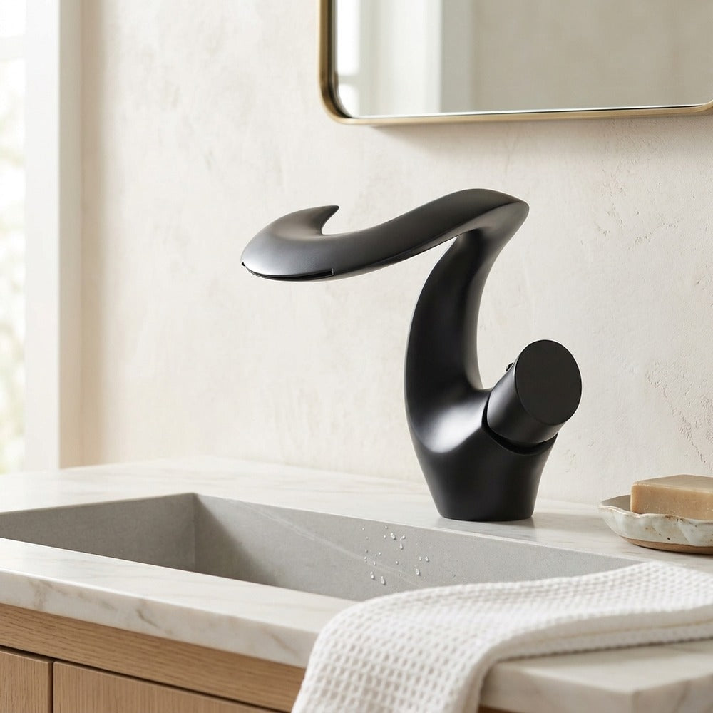 Lagomel waterfall single-hole bathroom faucet, set in a Modern/Minimalist bathroom