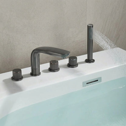 Lagomel widespread deck-mount tub filler in matte black, brushed gold, set in a Contemporary/Modern bathroom