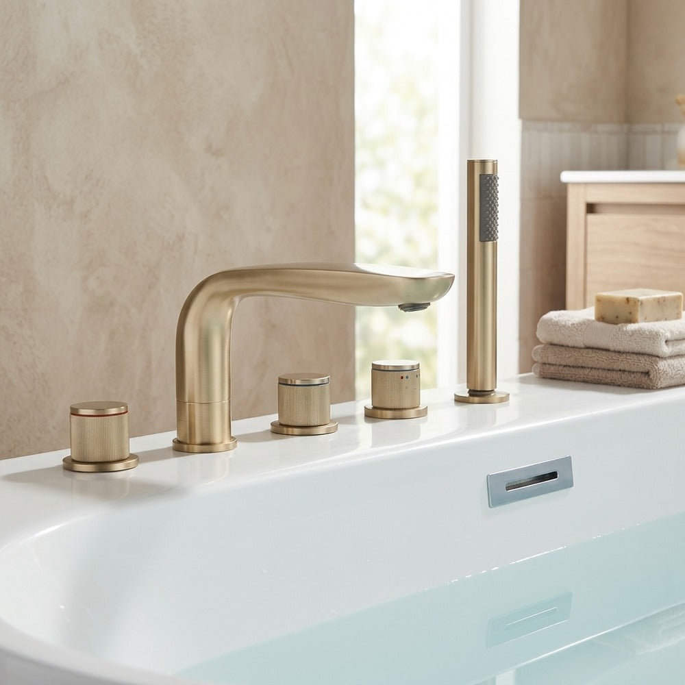 Lagomel widespread deck-mount tub filler, set in a Contemporary/Modern bathroom
