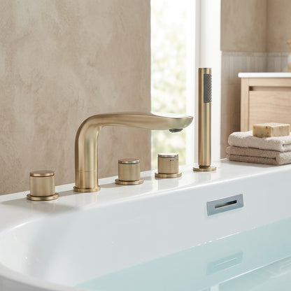 Lagomel widespread deck-mount tub filler, set in a Contemporary/Modern bathroom