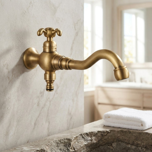 Lagomel single-handle wall-mount bathroom faucet in antique brass, chrome, matte black, set in a Vintage/Retro bathroom