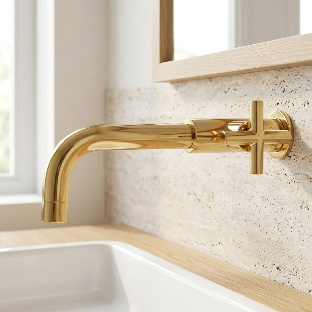 Lagomel single-handle wall-mount bathroom faucet in brushed gold, chrome, gunmetal, set in a Contemporary/Industrial bathroom
