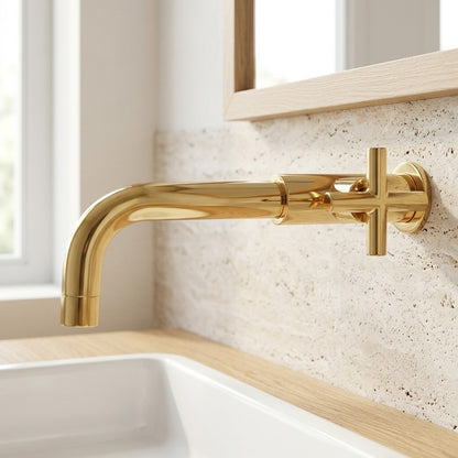 Lagomel single-handle wall-mount bathroom faucet in brushed gold, chrome, gunmetal, set in a Contemporary/Industrial bathroom