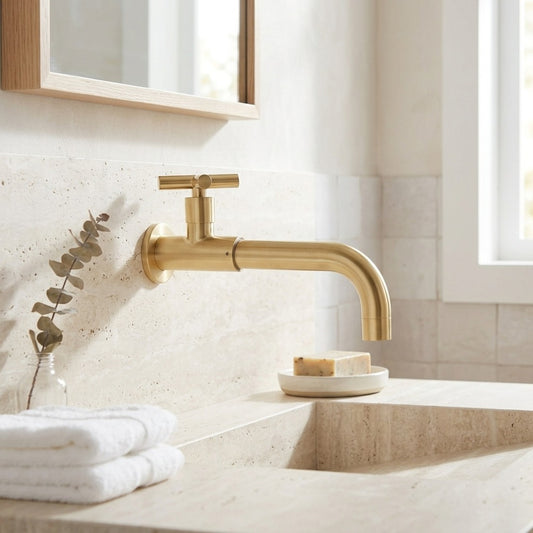 Lagomel single-handle wall-mount bathroom faucet, set in a Modern/Contemporary bathroom