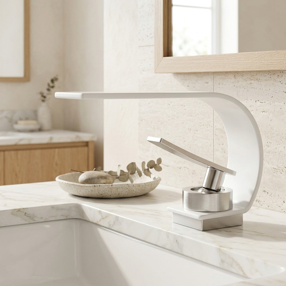 Lagomel waterfall single-hole bathroom faucet in brushed gold, chrome, gunmetal, matte black, two-tone / mixed finish, set in a Modern/Contemporary bathroom