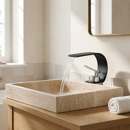 Lagomel waterfall single-hole bathroom faucet, set in a Modern/Minimalist bathroom