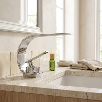 Lagomel waterfall single-hole bathroom faucet, set in a Modern/Minimalist bathroom