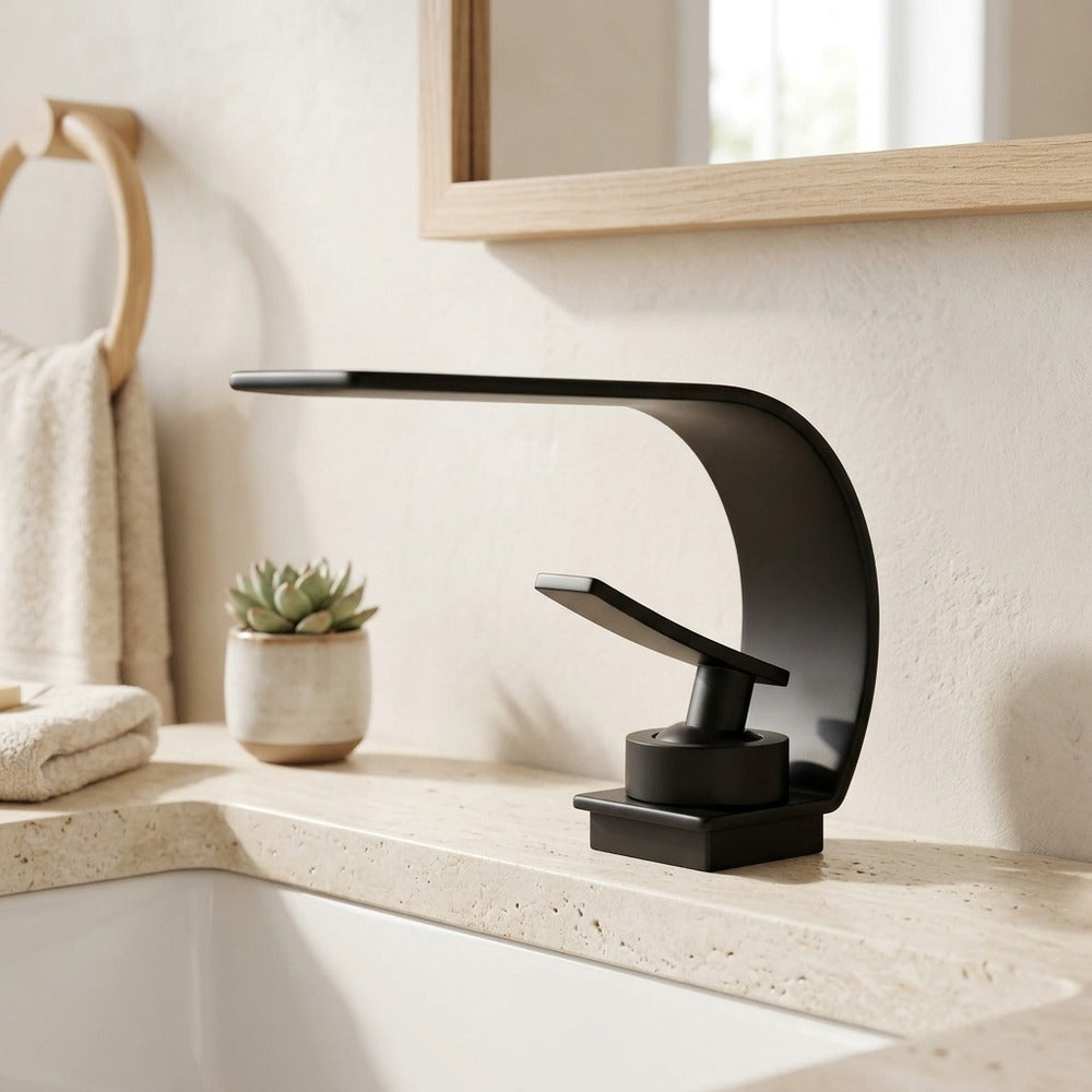Lagomel waterfall single-hole bathroom faucet, set in a Modern/Minimalist bathroom