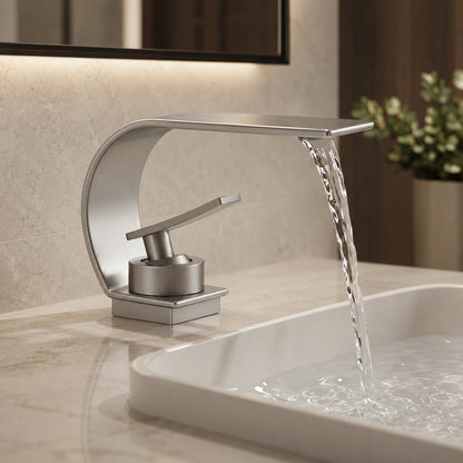 Lagomel waterfall single-hole bathroom faucet, set in a Modern/Minimalist bathroom