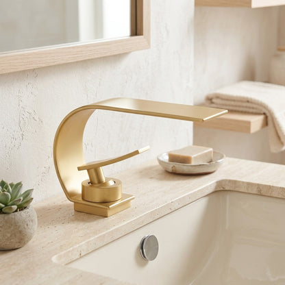 Lagomel waterfall single-hole bathroom faucet, set in a Modern/Minimalist bathroom