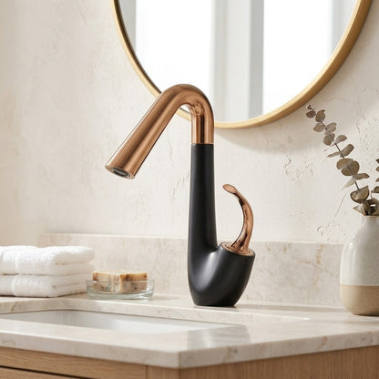 Lagomel single-hole bathroom faucet in two-tone / mixed finish, matte black, rose gold, set in a Modern/Contemporary bathroom