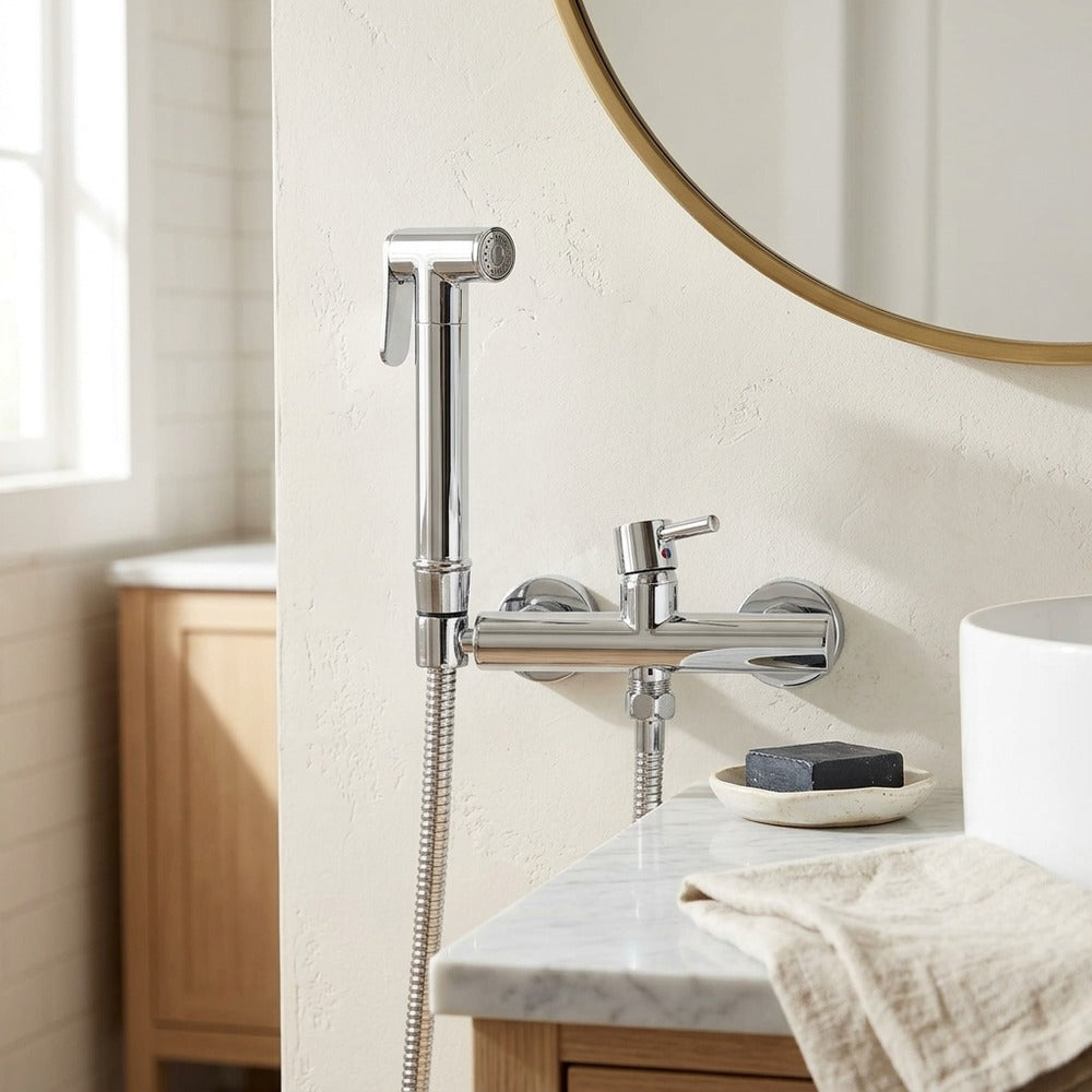 Lagomel wall-mounted single-handle bidet faucet in chrome, brushed gold, matte black, gunmetal, rose gold, set in a Contemporary/Modern bathroom