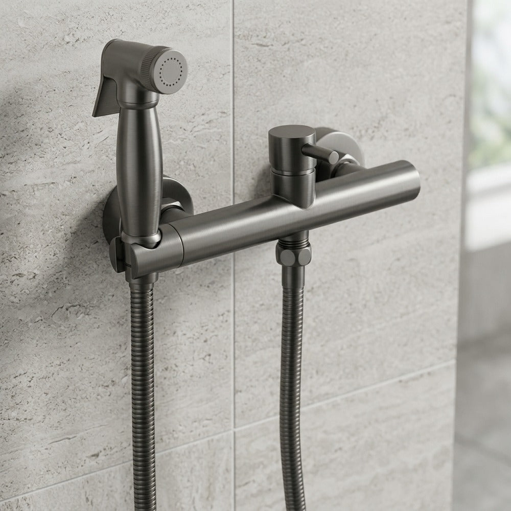 Lagomel wall-mounted single-handle bidet faucet, set in a Contemporary bathroom