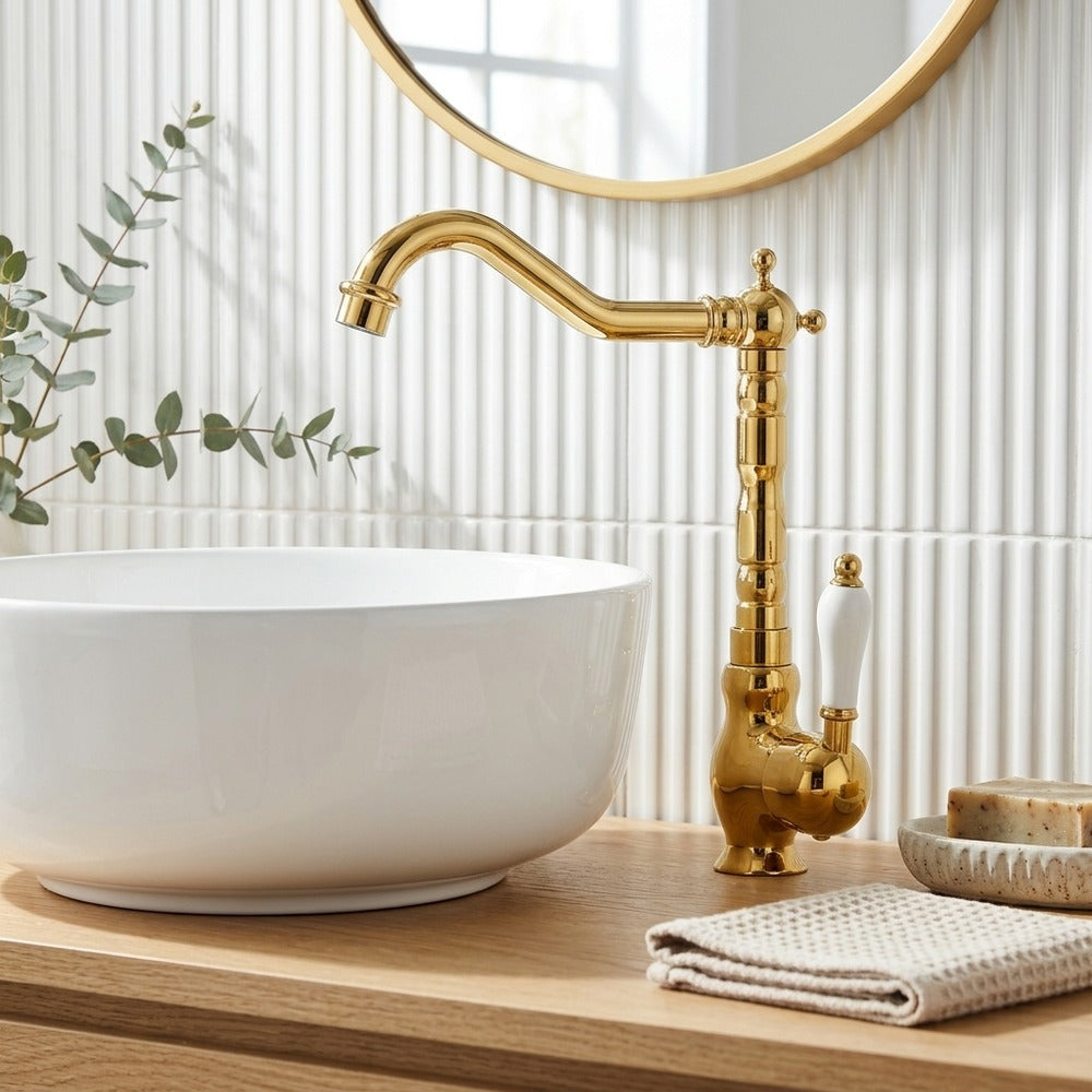 Lagomel single-handle vessel sink faucet in antique brass, brushed bronze, chrome, polished gold, two-tone / mixed, set in a Traditional/Classic/Vintage/Retro bathroom