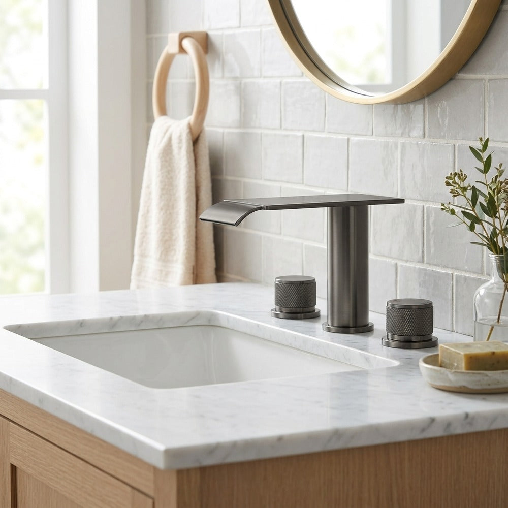 Lagomel waterfall widespread bathroom faucet in gunmetal, matte black, chrome, set in a Modern/Contemporary bathroom