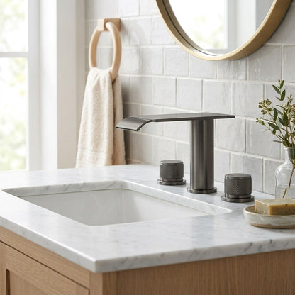 Lagomel waterfall widespread bathroom faucet in gunmetal, matte black, chrome, set in a Modern/Contemporary bathroom