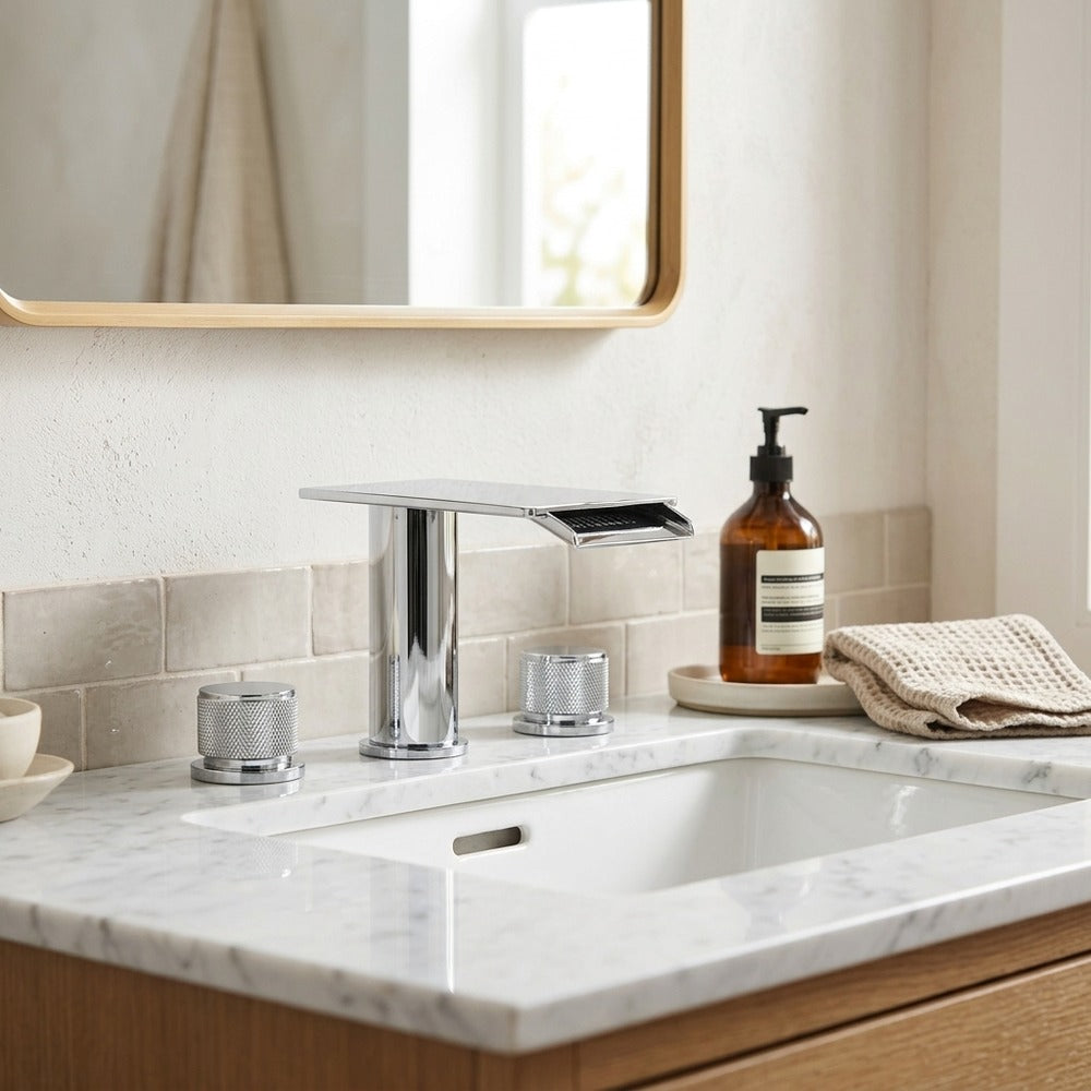 Lagomel waterfall widespread bathroom faucet, set in a Modern/Contemporary bathroom