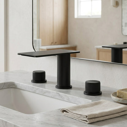Lagomel waterfall widespread bathroom faucet, set in a Modern/Contemporary bathroom