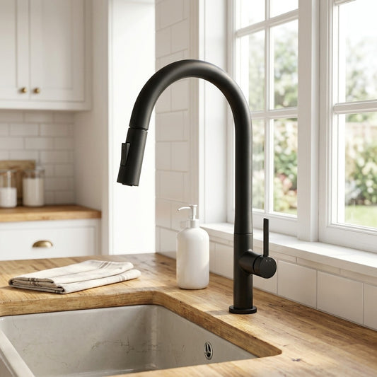 Lagomel single-handle pull-down kitchen faucet in matte black, chrome, brushed nickel, brushed gold, matte white, gunmetal, set in a Modern/Contemporary kitchen