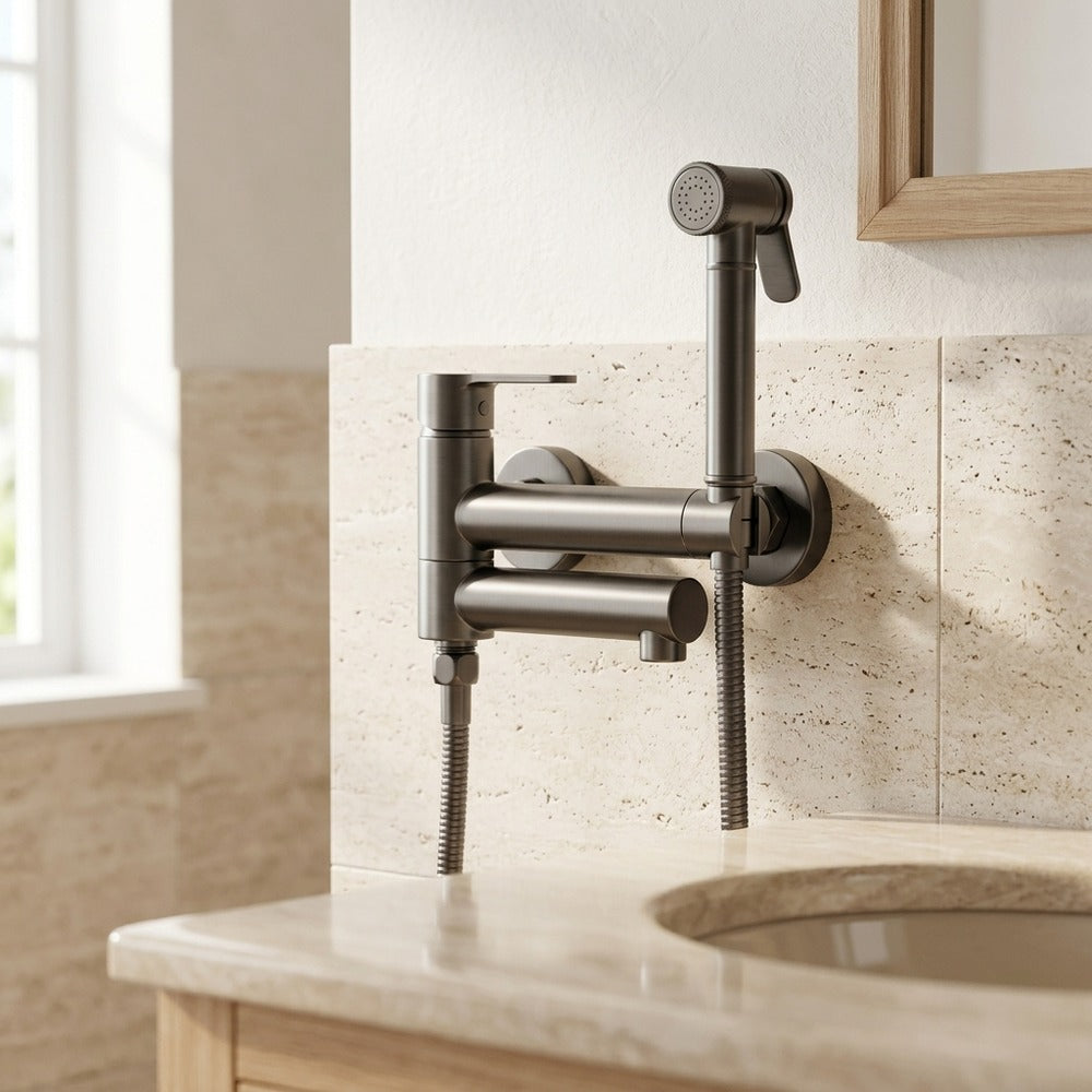 Lagomel wall-mounted single-handle bidet faucet, set in a Contemporary bathroom