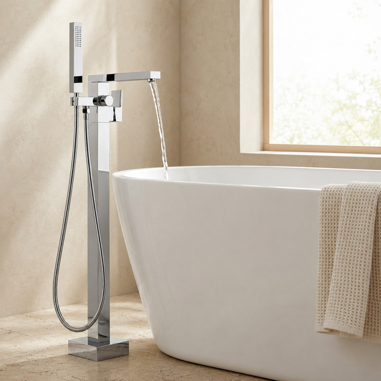 Lagomel single-handle freestanding tub filler in chrome, matte black, set in a Modern/Minimalist bathroom
