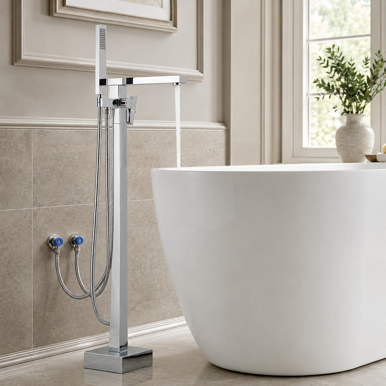 Lagomel single-handle freestanding tub filler, set in a Modern/Contemporary bathroom