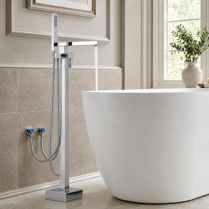 Lagomel single-handle freestanding tub filler, set in a Modern/Contemporary bathroom