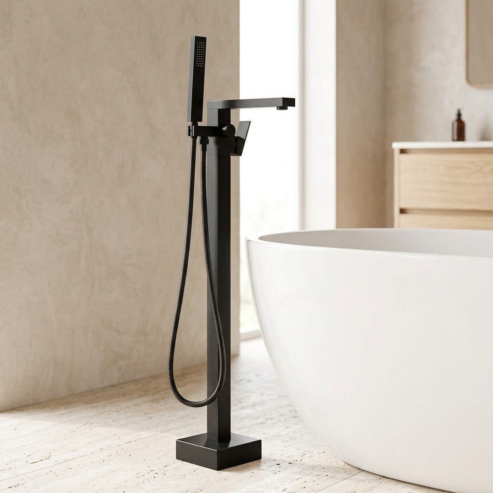 Lagomel single-handle freestanding tub filler, set in a Modern/Contemporary bathroom