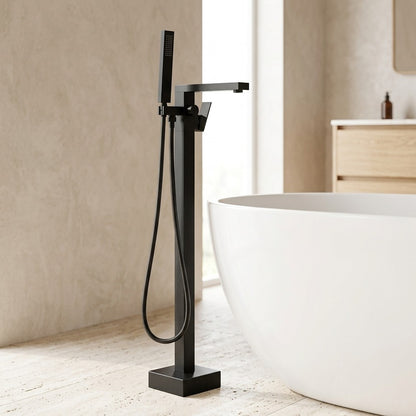 Lagomel single-handle freestanding tub filler, set in a Modern/Contemporary bathroom