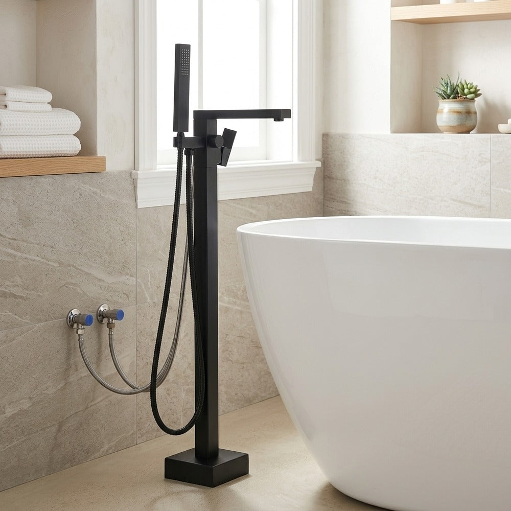 Lagomel single-handle freestanding tub filler, set in a Modern/Contemporary bathroom
